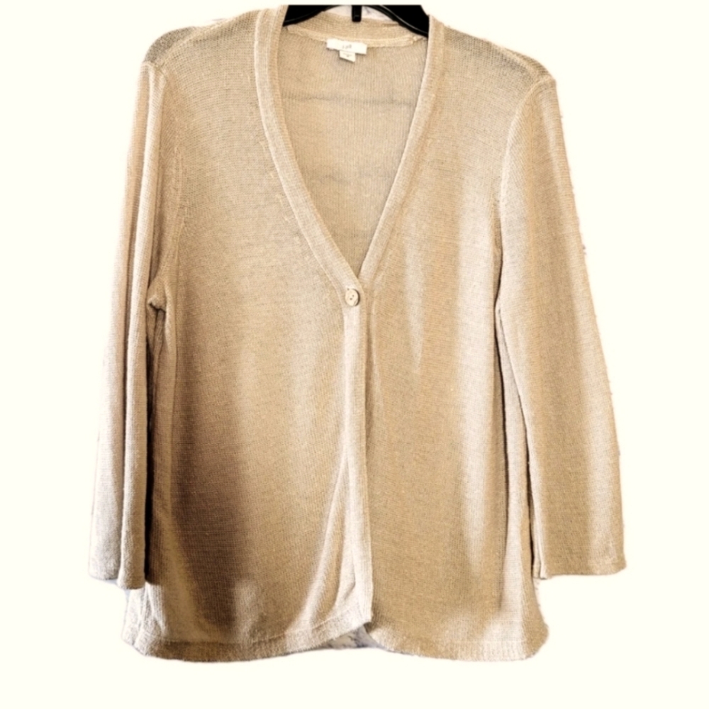 J. Jill Linen Blend Cardigan Womens Size M  White V-Neck One Button Long Sleeves